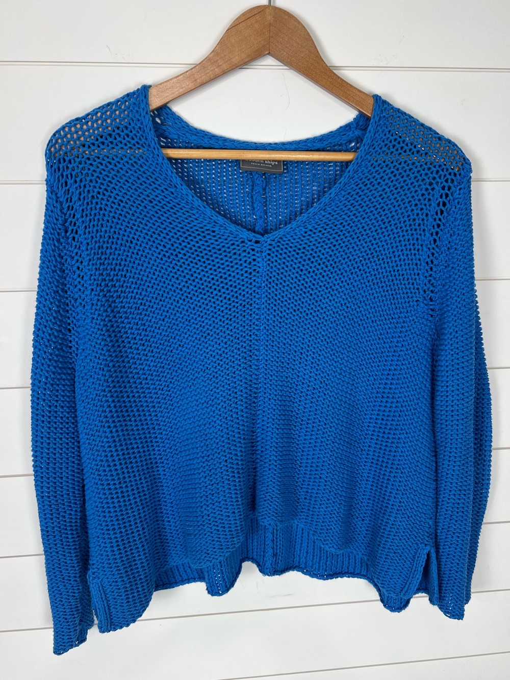 Wooden Ships Maui V Chunky Cotton V-Neck Open Knit Sweater Top Blue S/M